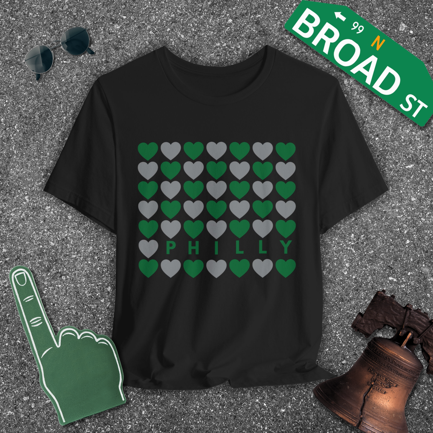 Philly Hearts - Light Green & Gray Tee