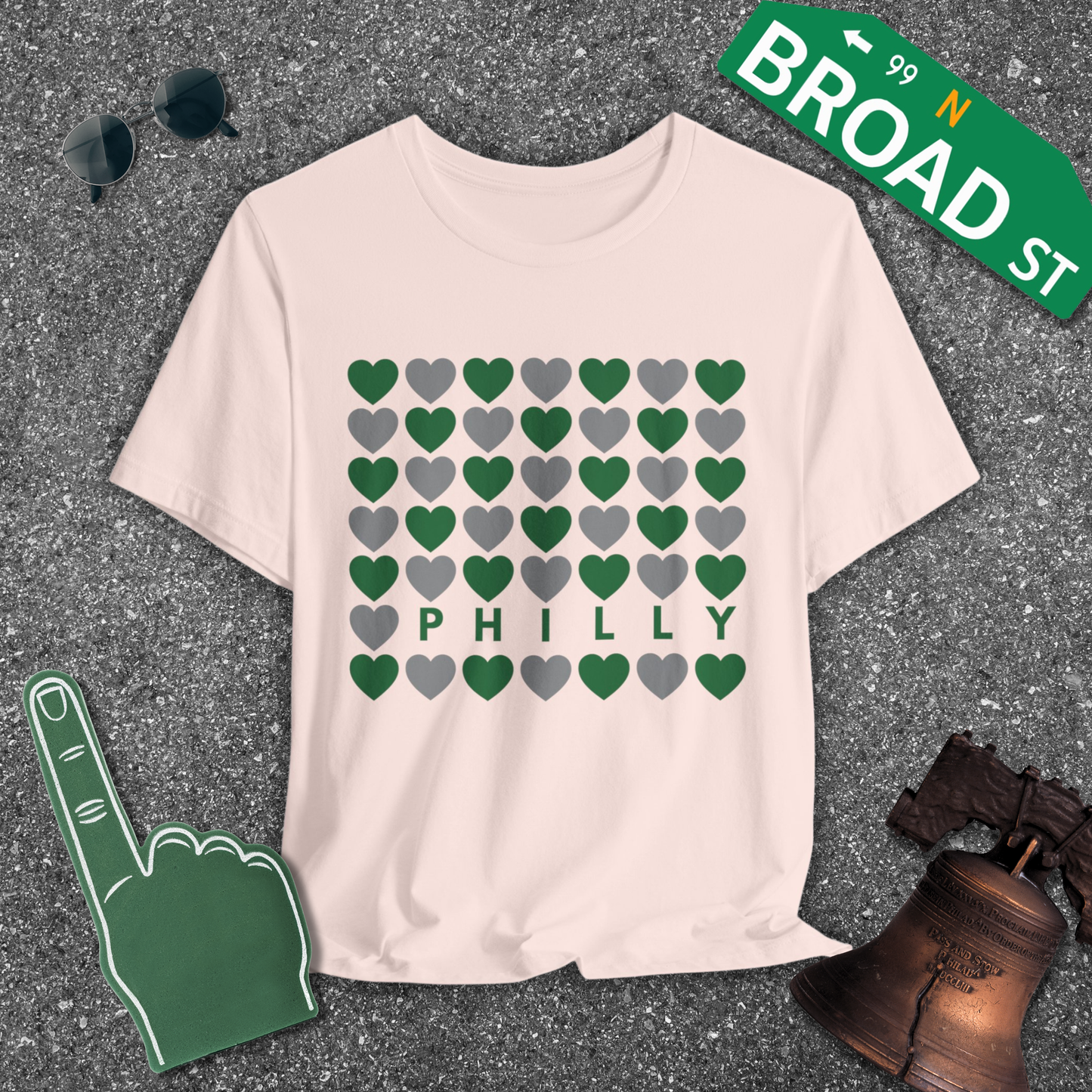 Philly Hearts - Light Green & Gray Tee
