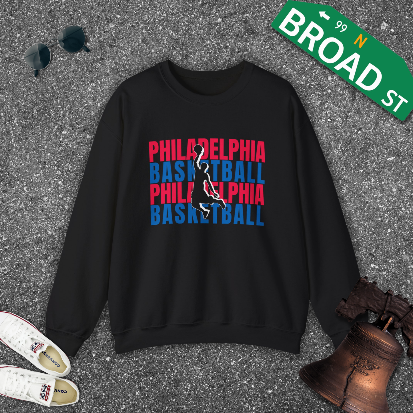 Philadelphia Basketball Cutout - Blue & Red Crewneck