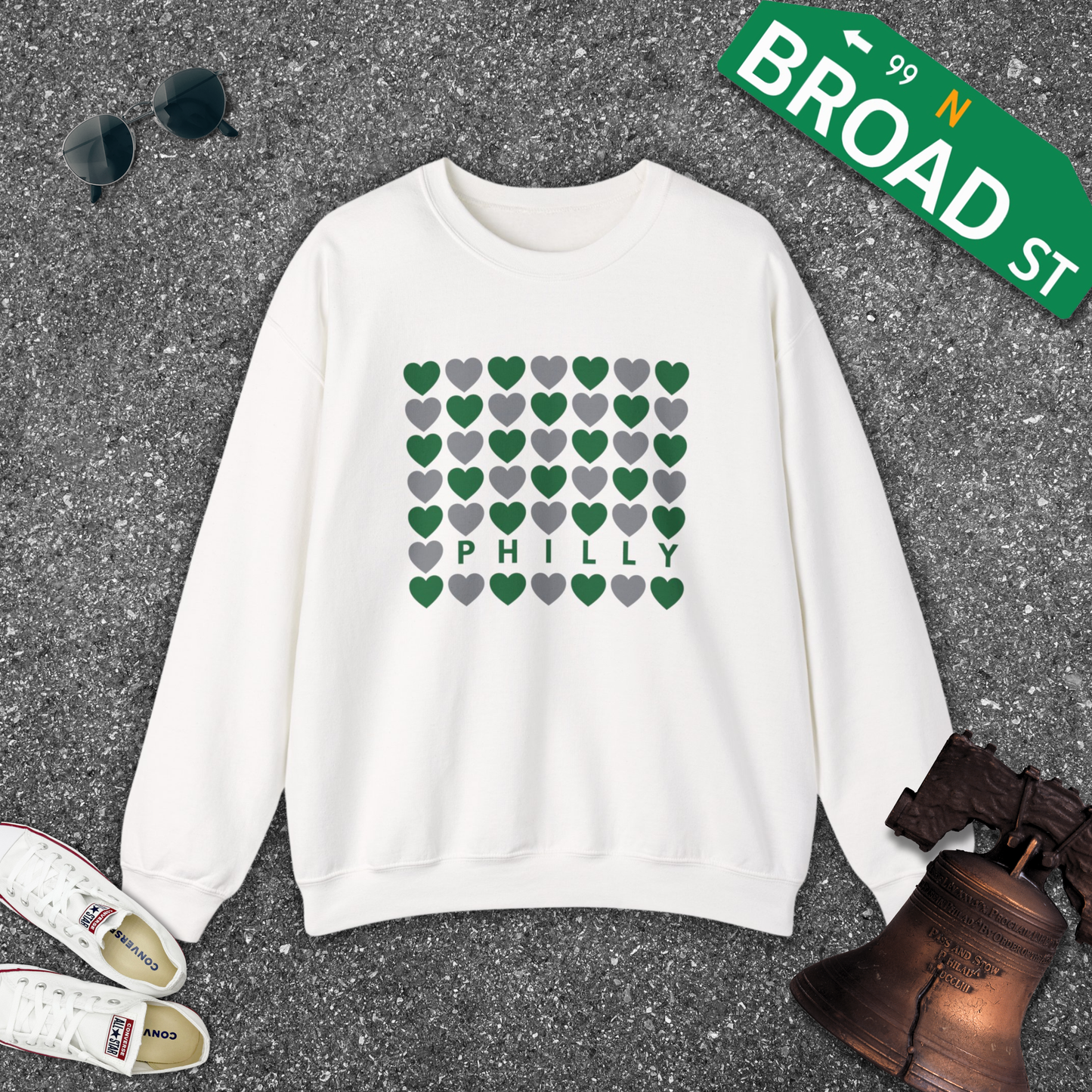 Philly Hearts - Light Green & Gray Crewneck