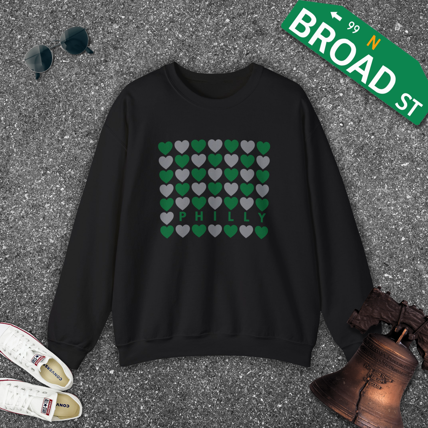 Philly Hearts - Light Green & Gray Crewneck